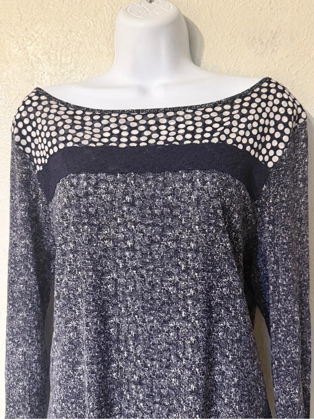 Vintage Russell Kemp Navy Blue Polka Dot Layered Mesh Lettuce Edge Trim Top XL